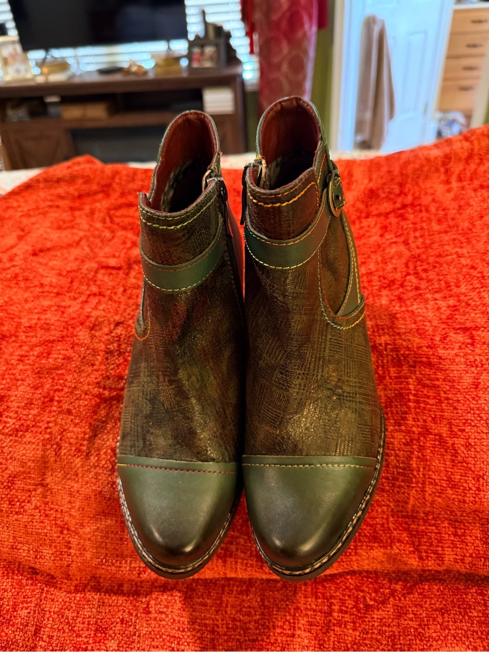 Women's Green Leather Ankle Booties with Decorative Buckle